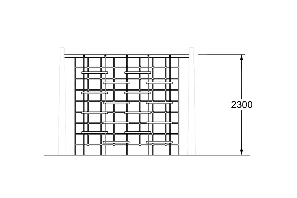 Metal climbing frame structure with height measurement of 2300mm, designed for outdoor recreation and children's play areas, emphasizing durable materials and safety features.