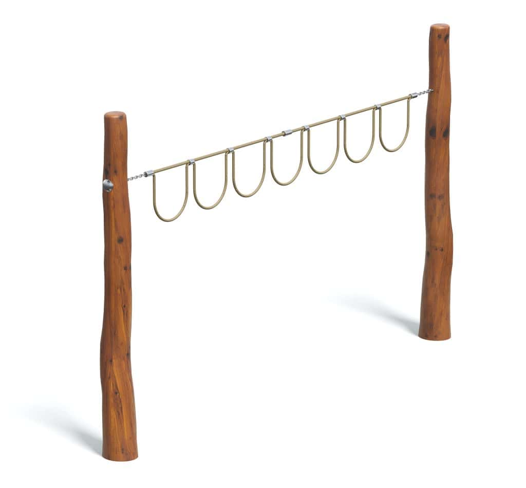 Sturdy wooden playground climbing frame with metal rings for kids' outdoor play and exercise activities. Durable construction suitable for playgrounds and backyard entertainment.