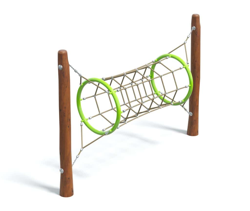 Climbing playground gear with wooden posts and green hoops for children's outdoor play.