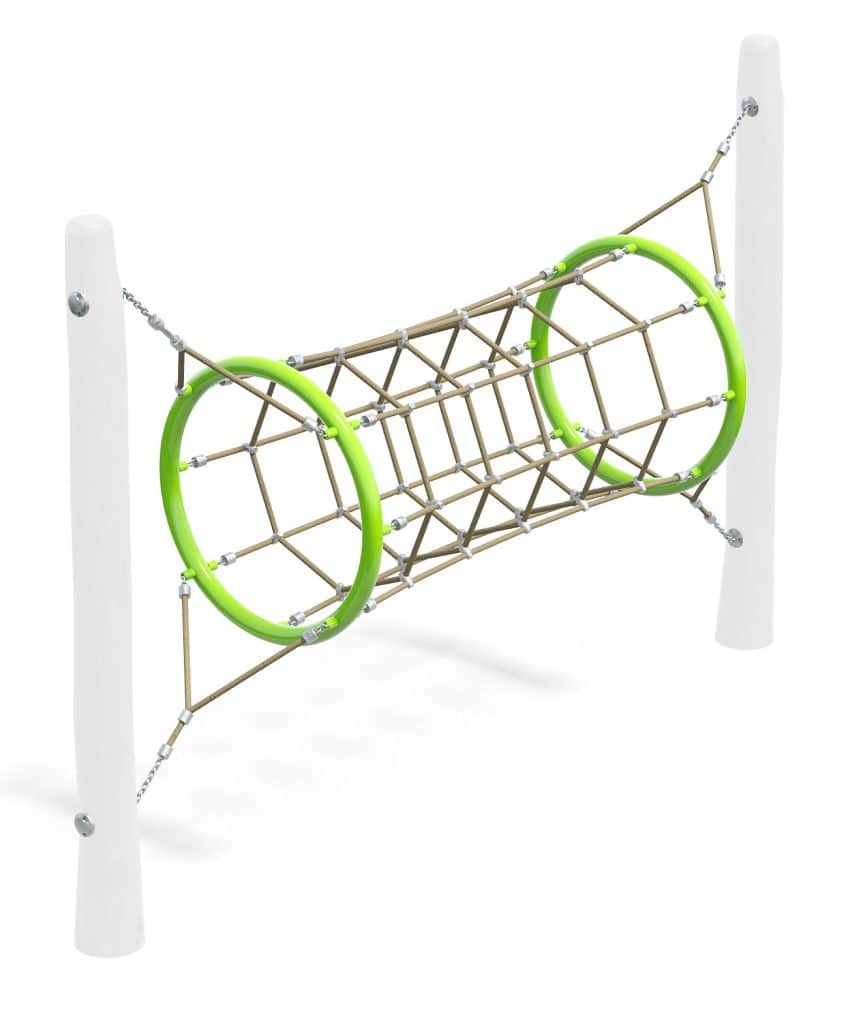 Climbing fitness playground equipment with green circular accents and rope net structure for outdoor exercise and children’s play areas.