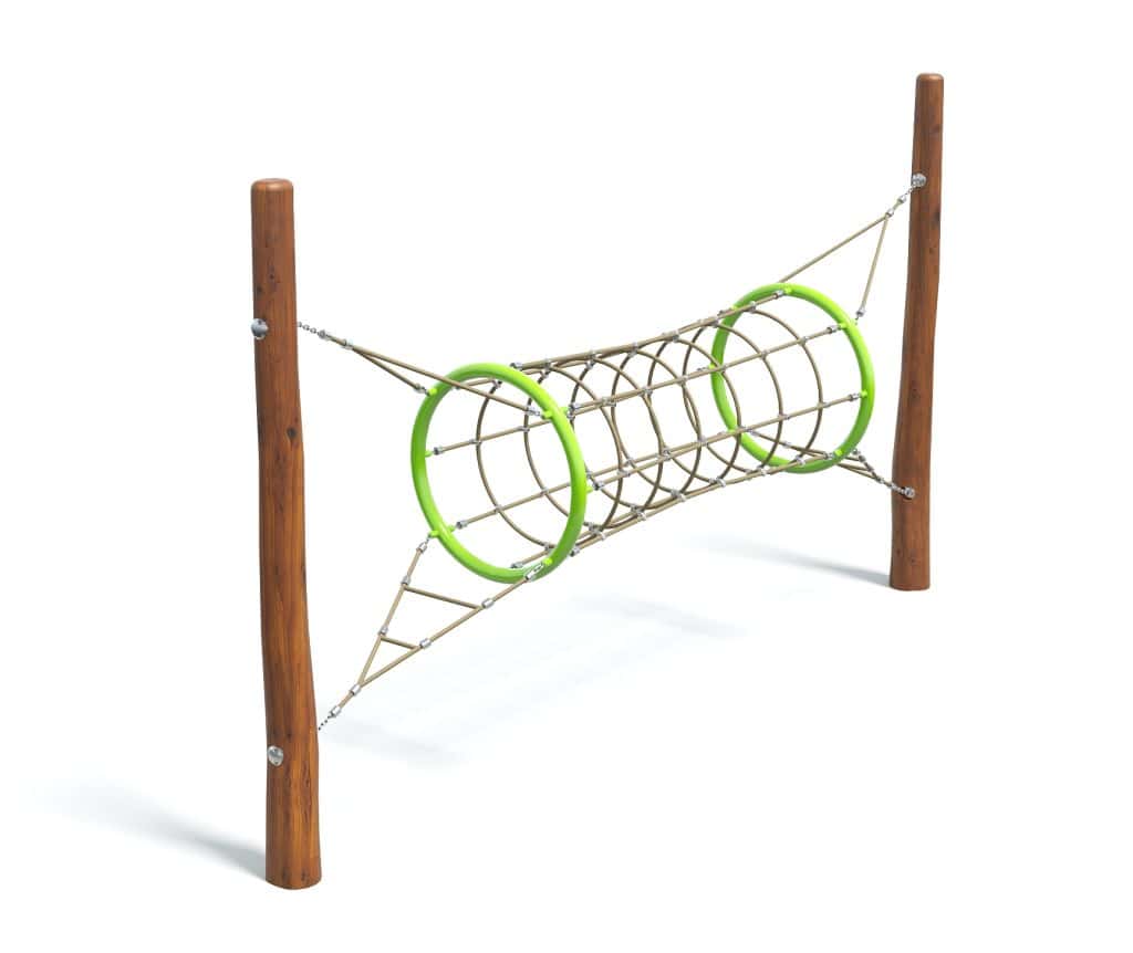 Rope climbing playground equipment with wooden posts and green hoops, designed for children's outdoor play and physical activity.