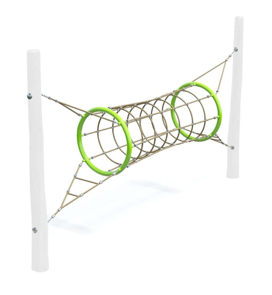 Climbing play structure with green circular hoops for children, designed for outdoor playgrounds, promoting physical activity and motor skills development.