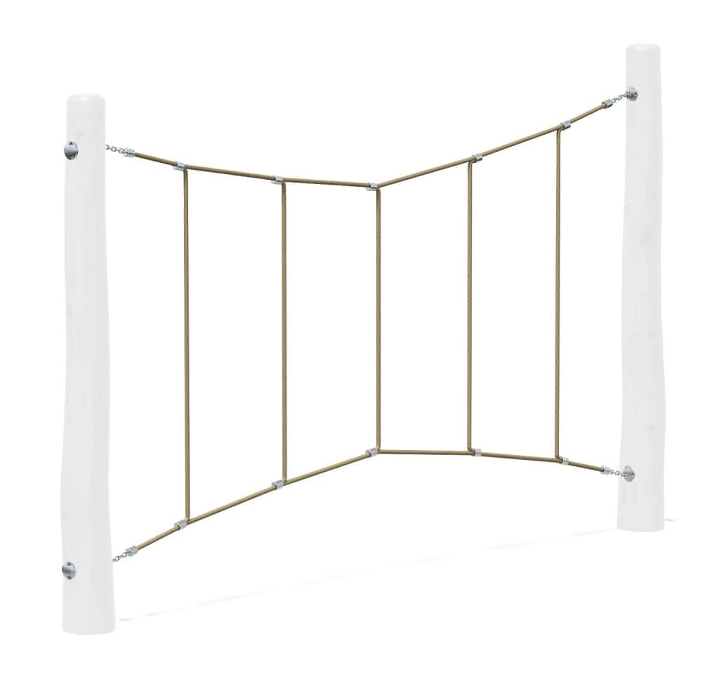 Metal playground cargo net with white support posts - safe and durable outdoor play equipment for kids.