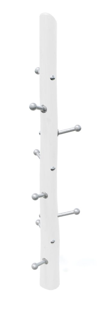 White metal hook rack with multiple pegs, ideal for organizing clothing or accessories in home or retail spaces. Perfect for storage and display solutions, durable and functional.