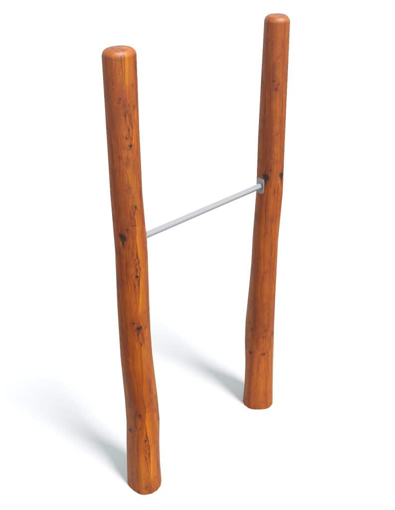 Natural wood logs with metal bar support, outdoor game equipment, rustic style, sturdy construction, used for carnival or garden games, authentic wooden finish, durable materials, popular for recreational activities, handcrafted look.