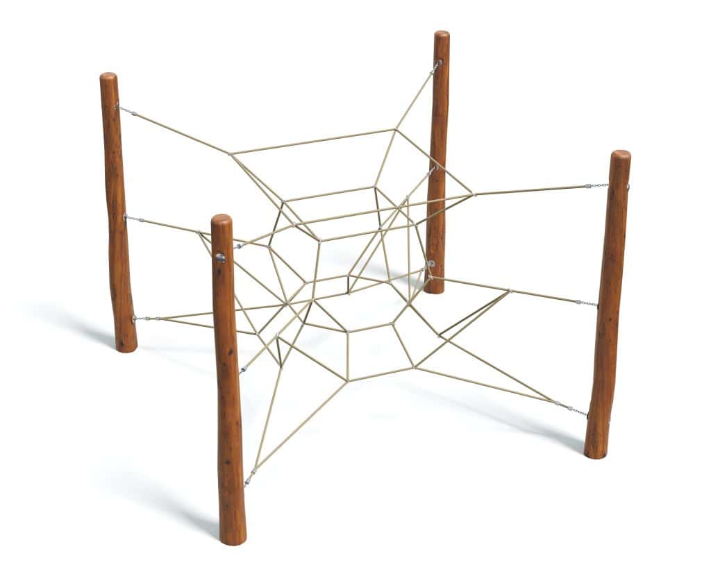 Web playground climbing structure with wooden posts and rope web for kids outdoor play area.