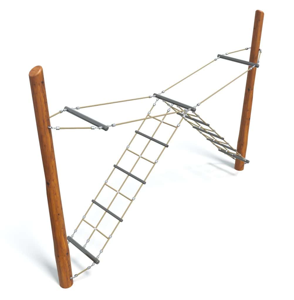 Rope playground climbing frame with wooden posts, metal rungs, and a rope bridge for outdoor kids' play equipment.