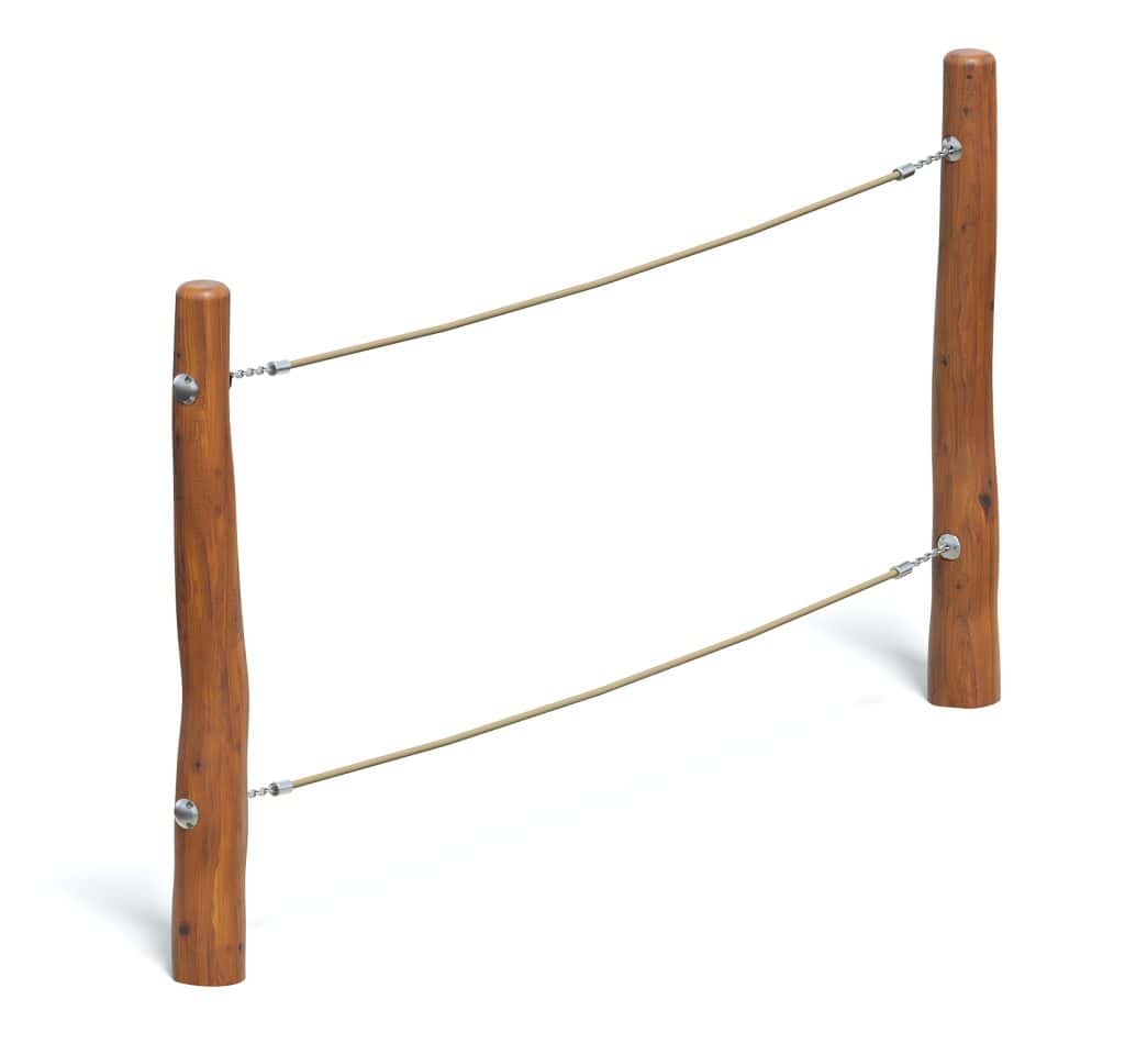 Sturdy wooden playground balance beam with supportive ropes for kids' outdoor play and coordination development. Durable design perfect for backyard or park recreation areas.