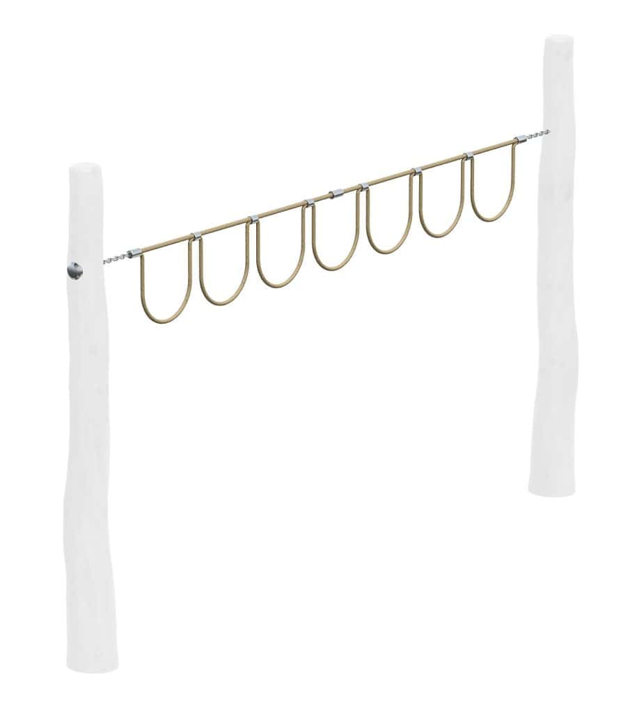 Metal gymnasium rings hanging from a white wooden frame, ideal for outdoor fitness and calisthenics workouts.