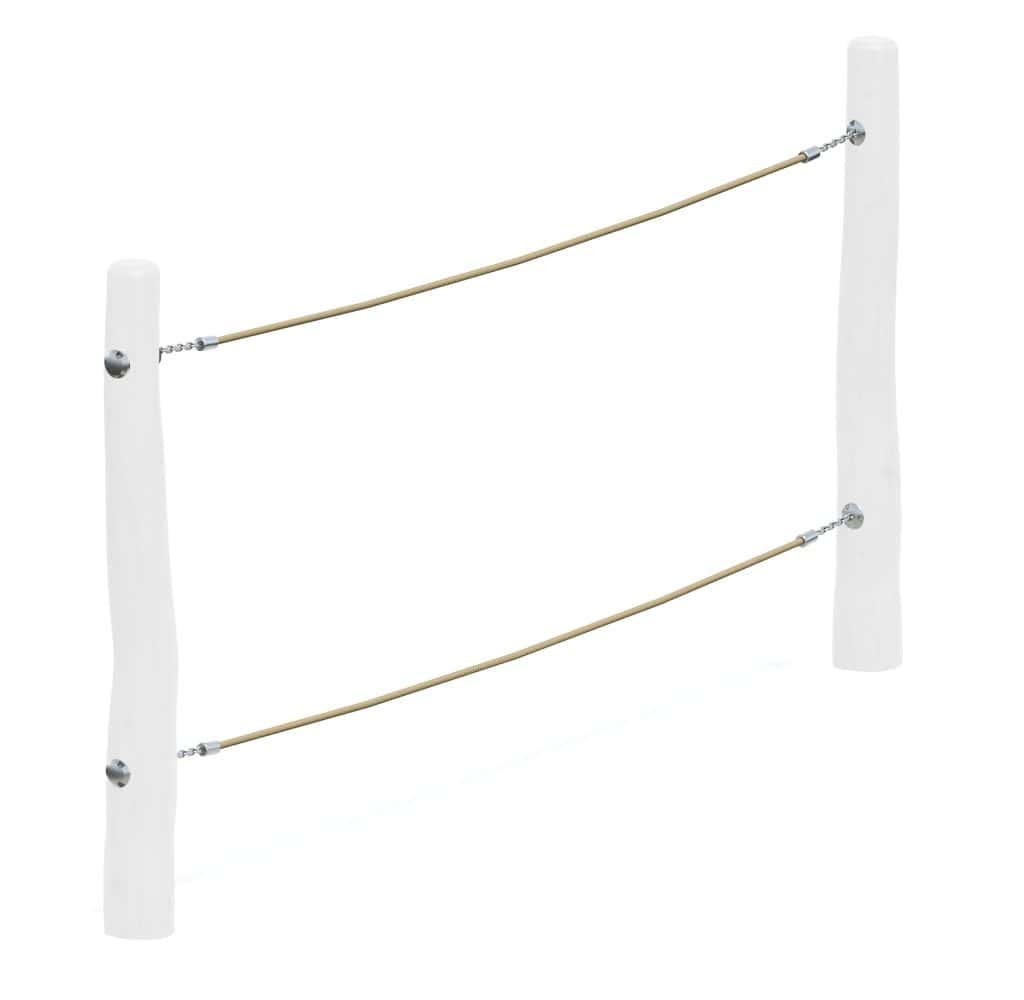 Replaceable wooden bridge with two beige ropes connecting white vertical posts for outdoor playground or park safety equipment.