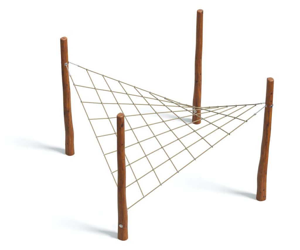 Natural wooden playground climbing net structure for kids outdoor play equipment.