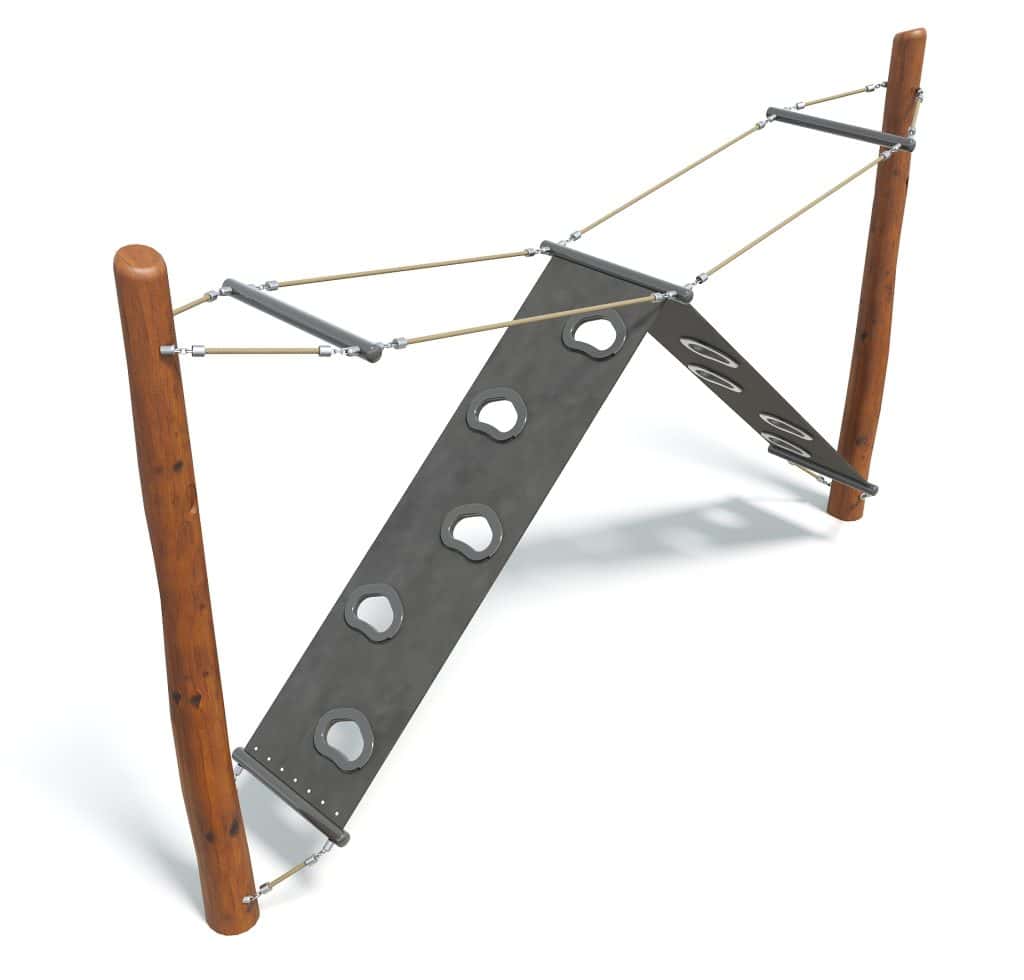 Heavy-duty playground climbing structure with wooden posts, metal panels, and ropes for children’s outdoor activity and playground fitness.