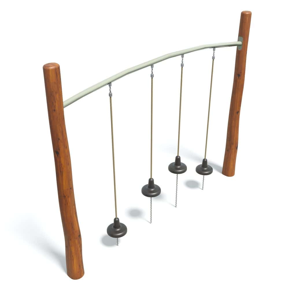 Aerial playground climbing obstacle with wooden posts and hanging rubber discs for kids' outdoor play and physical development.