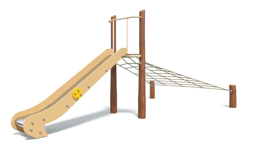 Colorful outdoor playground equipment featuring a slide and climbing rope set for children's recreational activities. Durable wooden and metal structure for safe play.