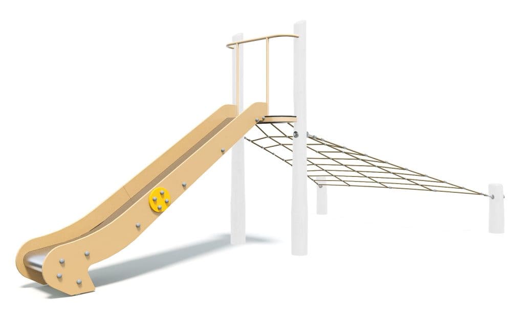 Modern outdoor playground slide and climbing net equipment for children's recreation and play area. Durable design and safe material for fun outdoor activities.
