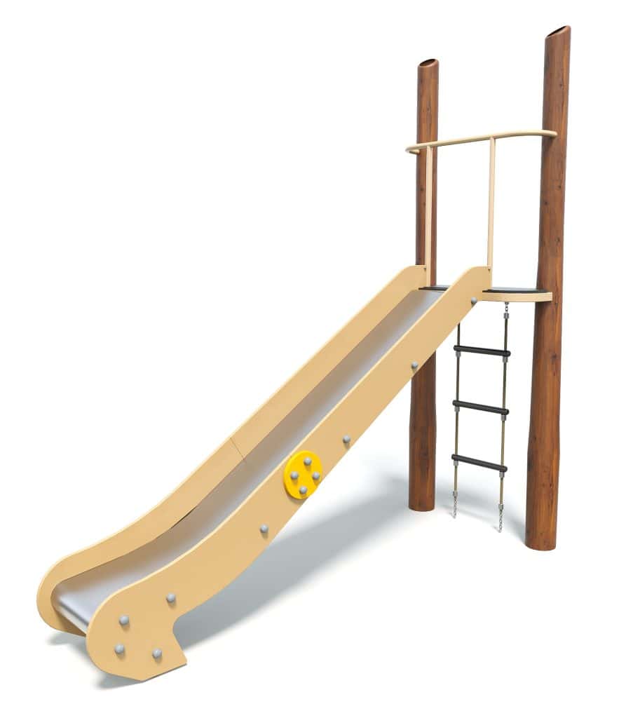 Bright beige slide with climbing rungs and safety handrail, ideal for outdoor kids' playgrounds, made from durable materials for safe play.