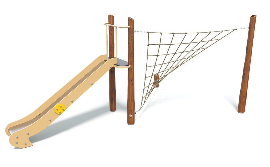 Playground climbing slide and rope net structure for kids, durable outdoor play equipment, safe and fun playground gear, ideal for parks and schools.