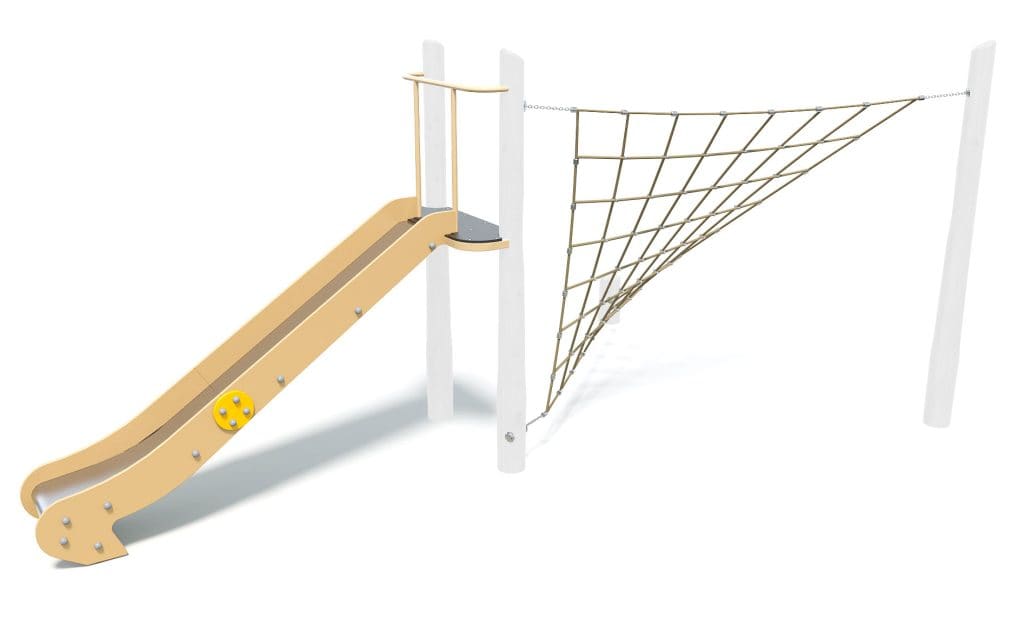 Colorful outdoor playground equipment combining slide and climbing net for children's play areas | DG Play.