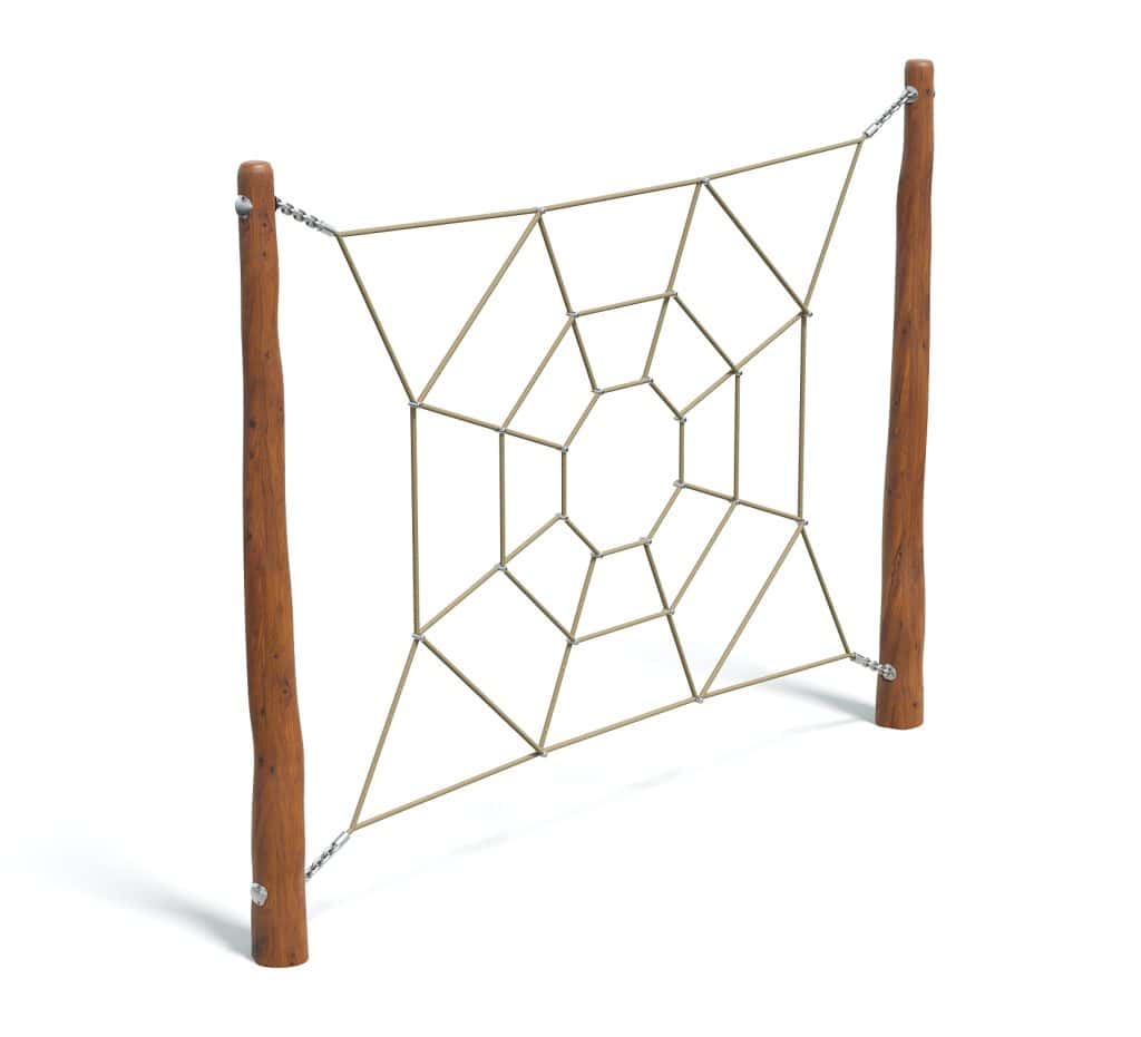 Wide playground spider web climbing frame with wooden posts for outdoor kids' play area. Durable construction ideal for playgrounds, parks, and schoolyard recreational spaces.