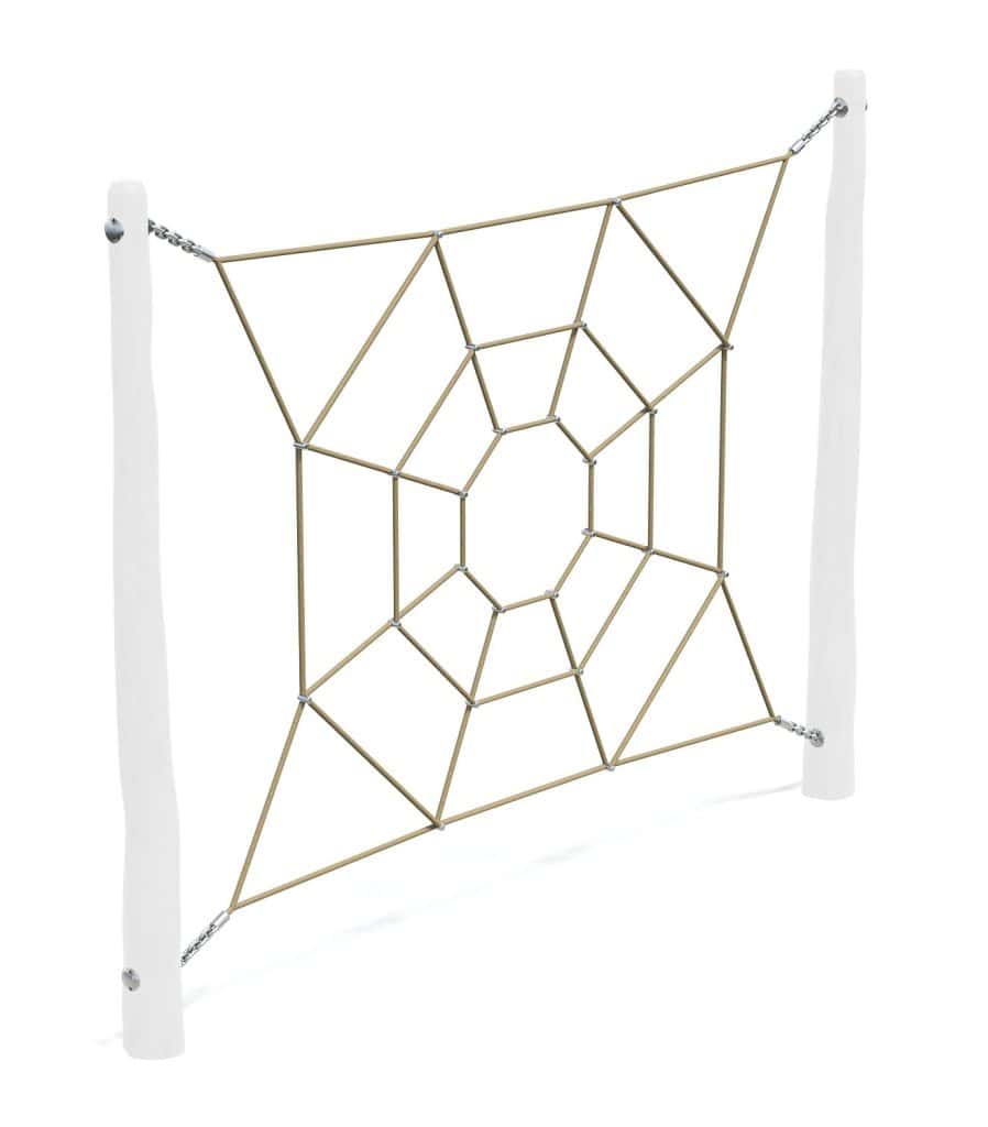 Intricate web-inspired climbing net playground equipment for kids, made of durable materials with white support posts, perfect for outdoor play, physical activity, and developing motor skills.