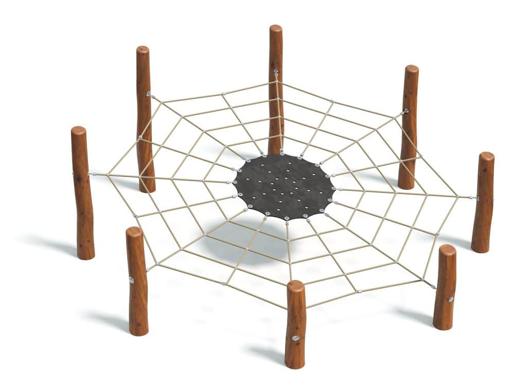 Vibrant playground spider web climbing element with sturdy wooden posts and durable ropes for kids' outdoor play and physical activity. Perfect for parks, schools, and backyard playgrounds.