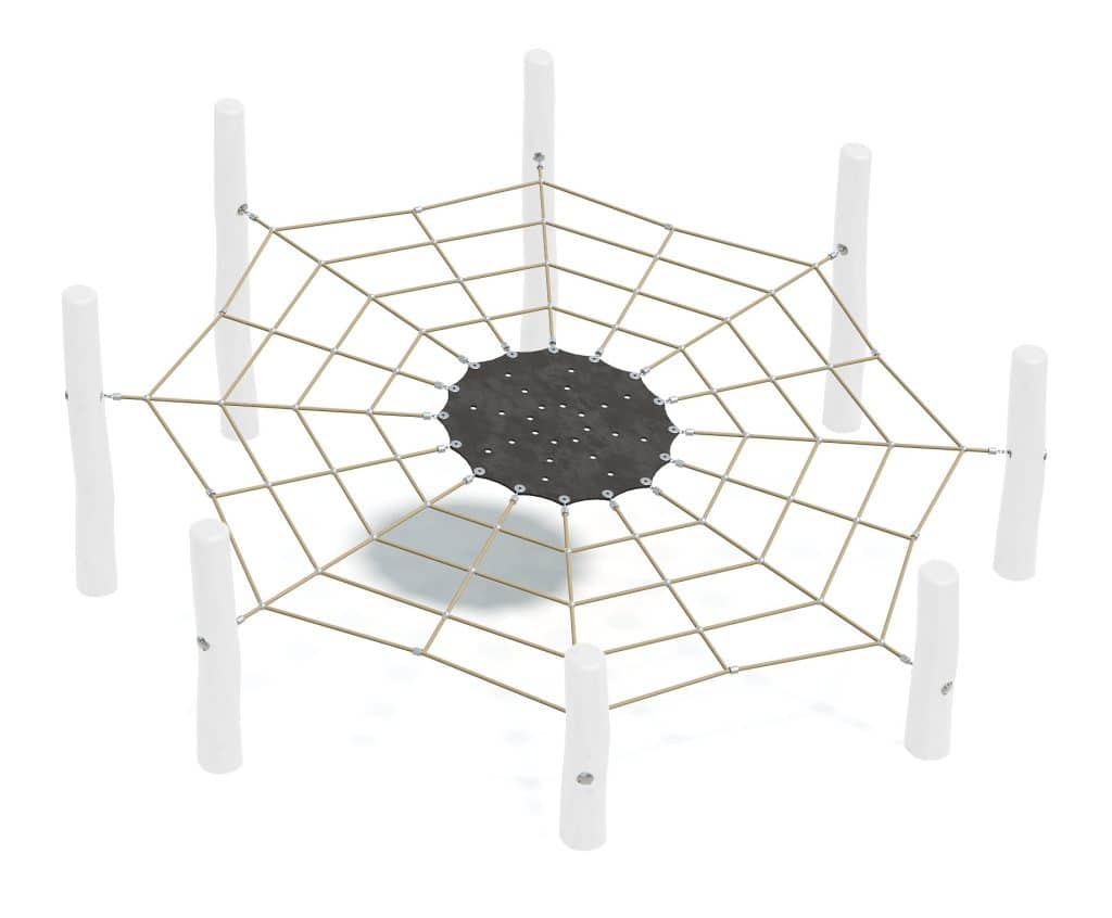 Bright modern spider web playground climbing structure with sturdy posts, ideal for kids' outdoor play areas, promoting physical activity and imaginative play.