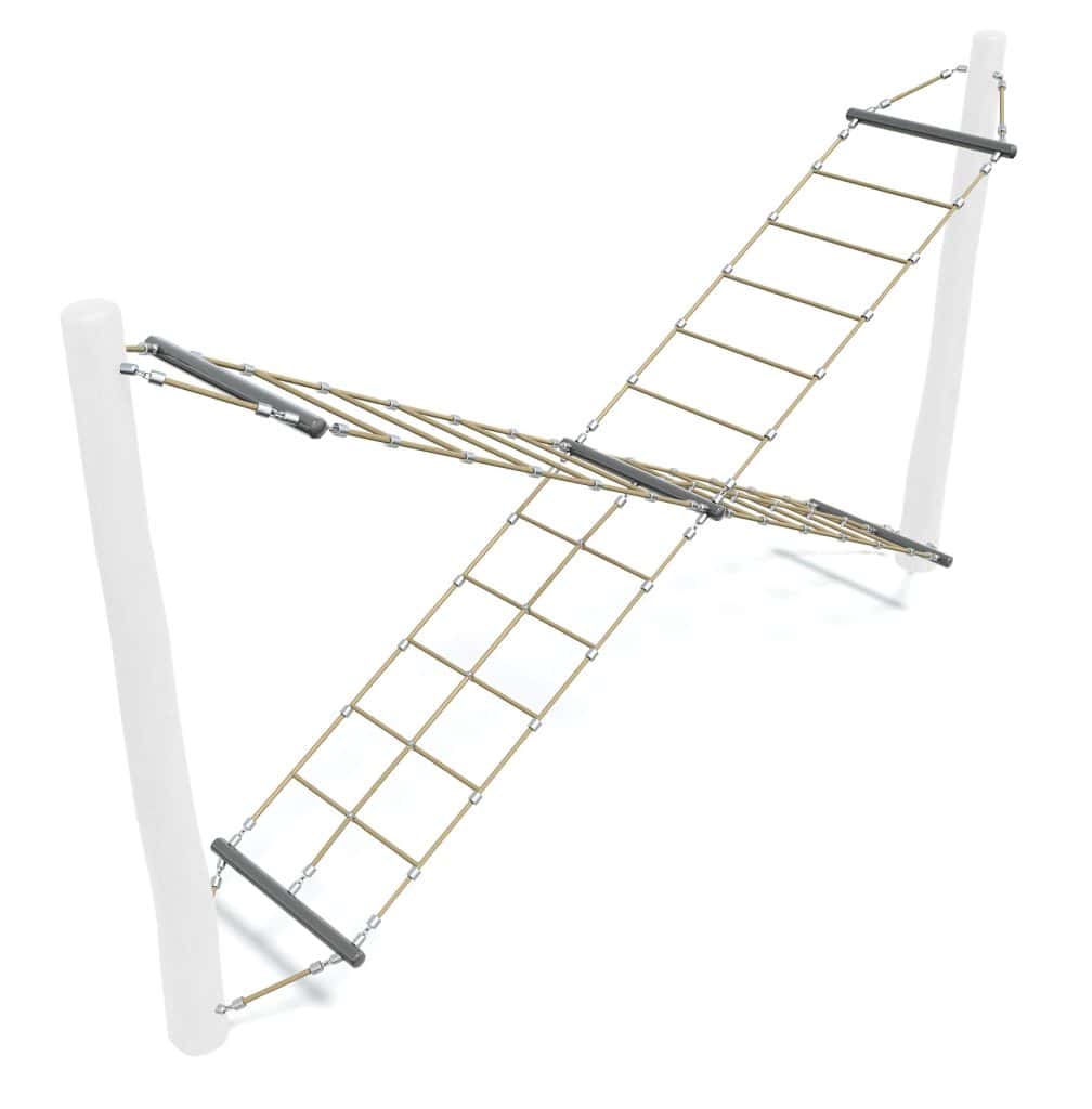 Rope playground climbing structure with metal steps and safety bars, suitable for outdoor play area. Durable nylon ropes and metal components ensure safety and longevity. Ideal for children's recreation.