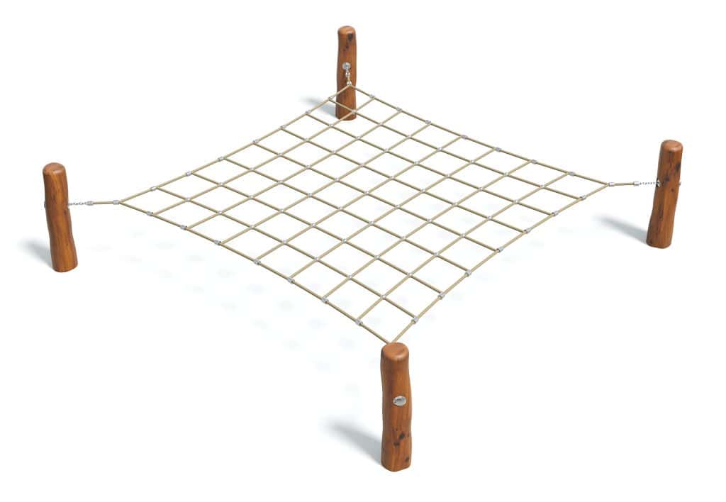 Rope climbing net with wooden poles for outdoor playground and kids activities. Durable and safe for children to develop coordination and strength. Perfect for school or park recreational areas.