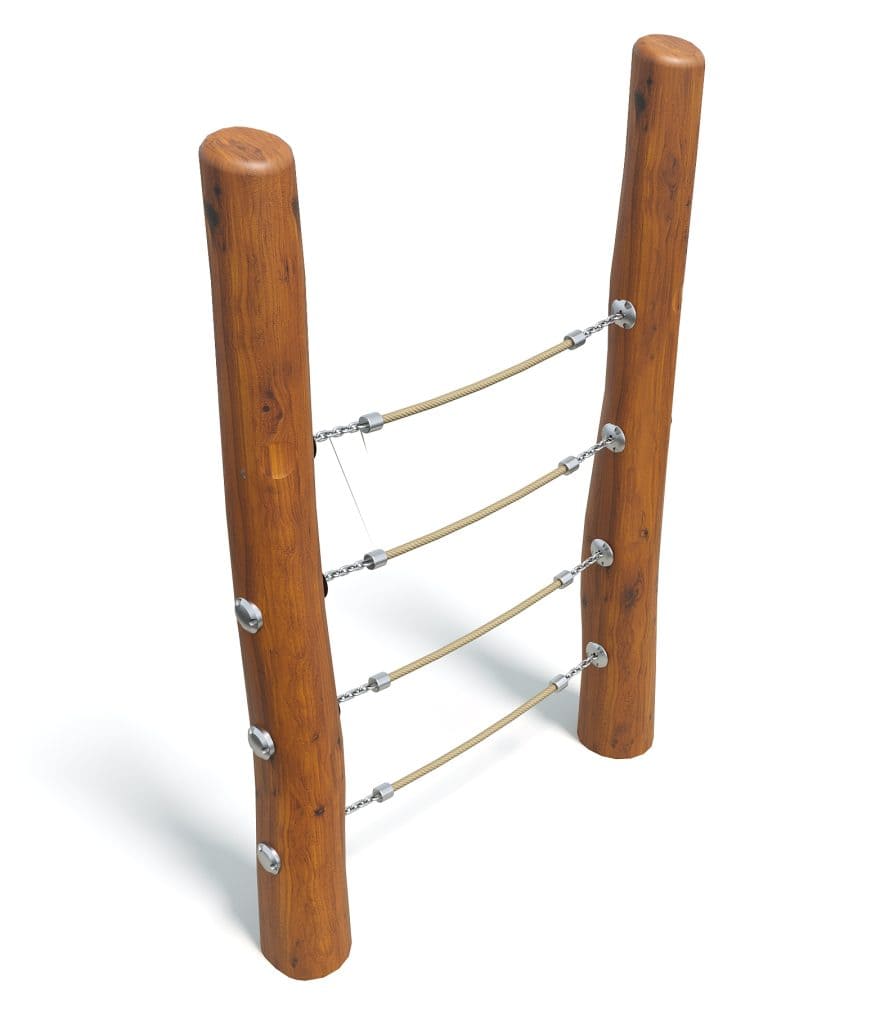 Rope ladder climbing frame with wooden posts, outdoor playground equipment for kids’ physical activity and play. Durable wood and strong ropes ensure safety and longevity for children's outdoor fun.