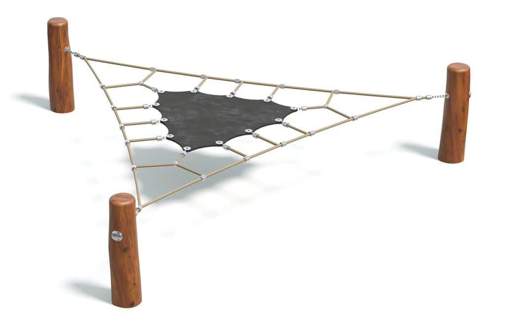 Rope climbing playground equipment with wooden posts and black webbed net for outdoor children's play and physical activity.