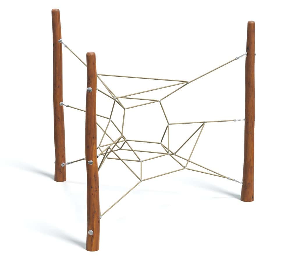 Two wooden poles connected by rope web for climbing or play equipment.
