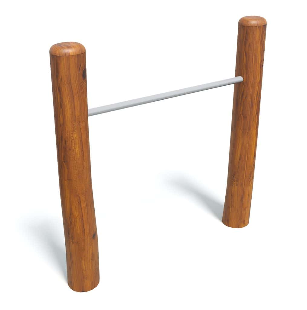 Rope barrier with wooden posts and metal connecting bar, outdoor safety equipment for queue management, durable and stylish security barrier for events or venues.