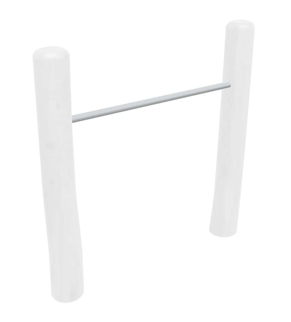 White gymnastic barrel vault training aid with a connecting bar for physical fitness exercises and gymnastics practice.