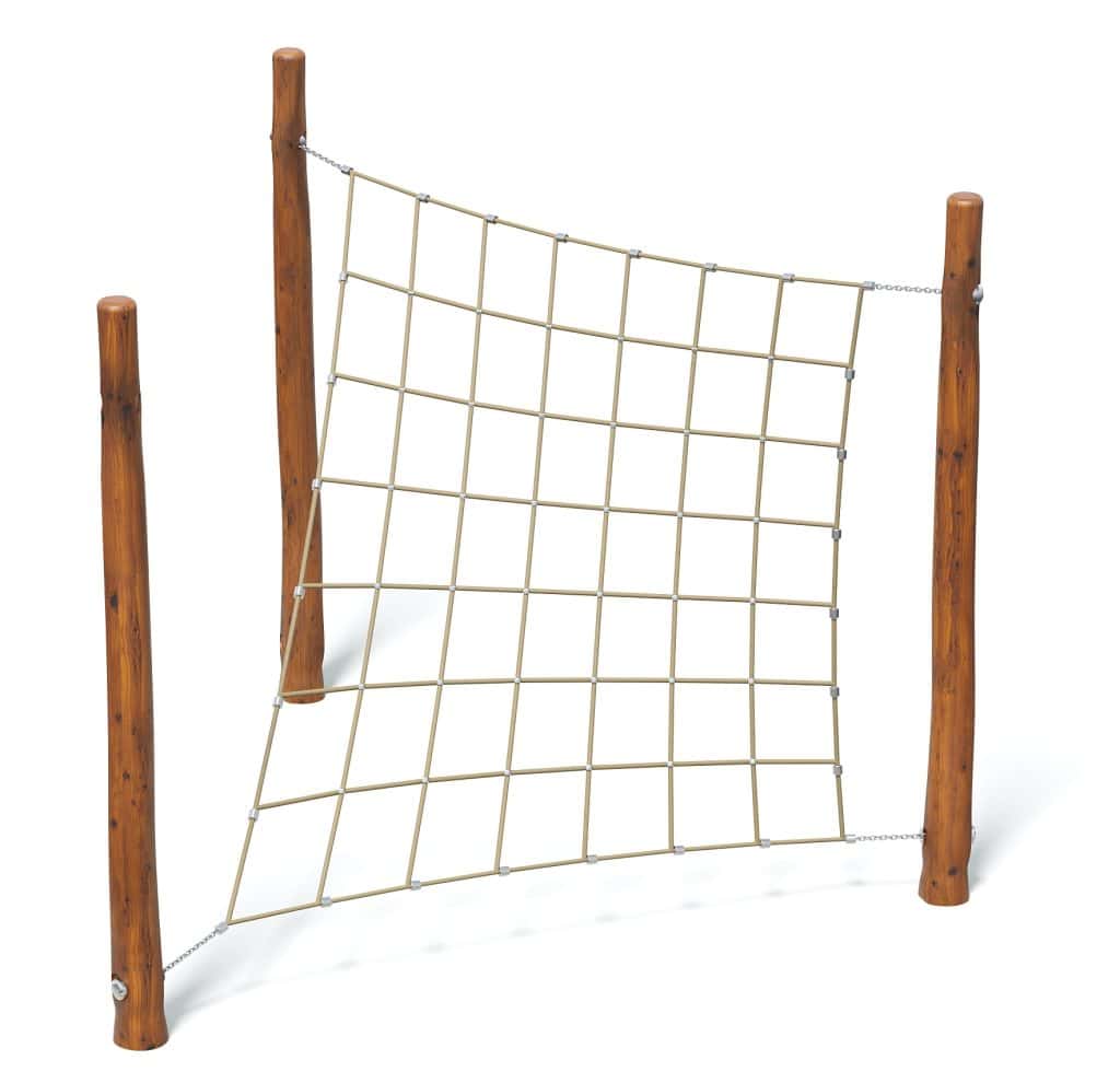 Rope climbing obstacle with wooden posts for outdoor playgrounds, kids' fitness, and obstacle courses, designed to build strength, agility, and coordination in children.