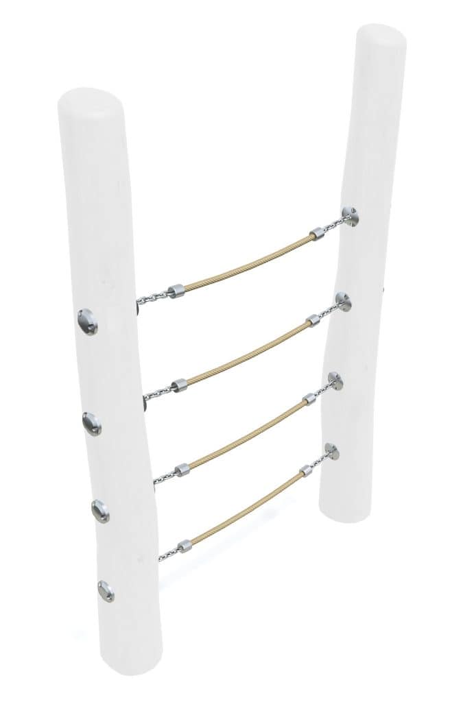 Climbing ladder for playground or fitness equipment with white vertical supports and nylon ropes connected by metal fittings.