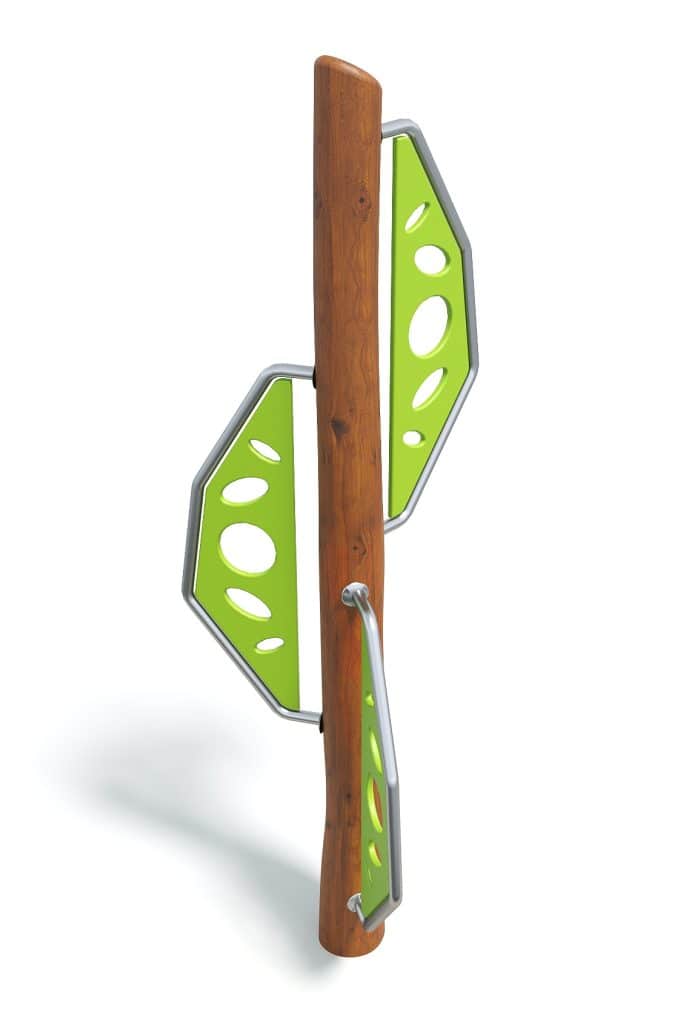 Colorful modern outdoor climbing structure for children, featuring green panels with geometric cutouts attached to a wooden post. Perfect for kids' playgrounds, promoting active play and motor skills development.