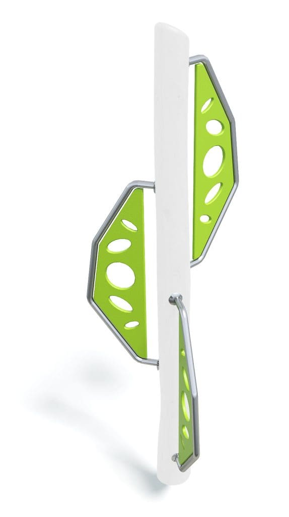 Childrens playground climbing wall with bright green panels and white frame for outdoor play.