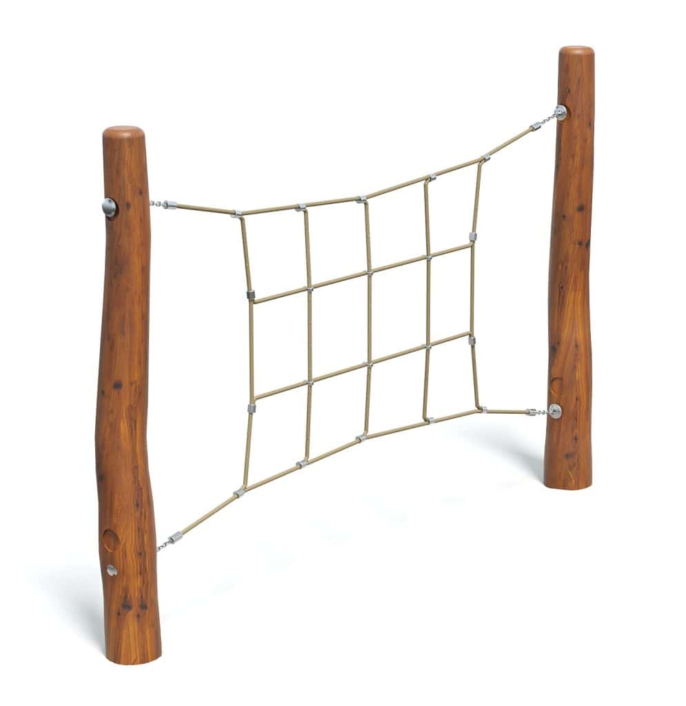 Durable wooden playground climbing net with sturdy poles and reinforced rope for children's outdoor play and activities. Perfect for developing coordination and strength.