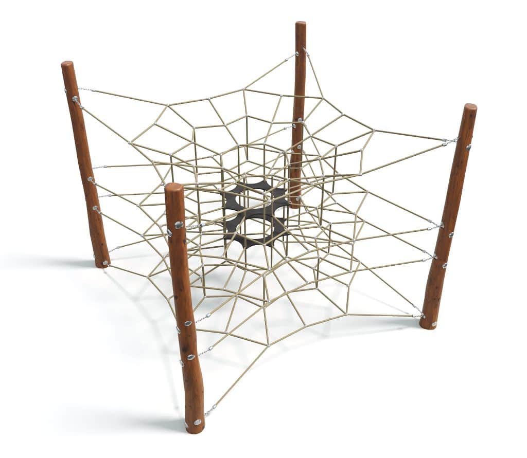 Spiderman Web Climbing Play Structure for Kids, Durable Wooden Poles and Rope Net Play Equipment for Outdoor Playgrounds and Kids’ Adventure Zones.
