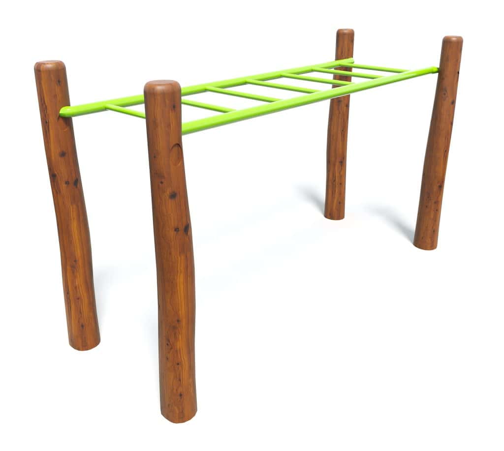 Vibrant green and wooden playground climbing frame suitable for outdoor kids' activities. Durable structure encouraging physical activity and play. Perfect for parks or backyard play areas.