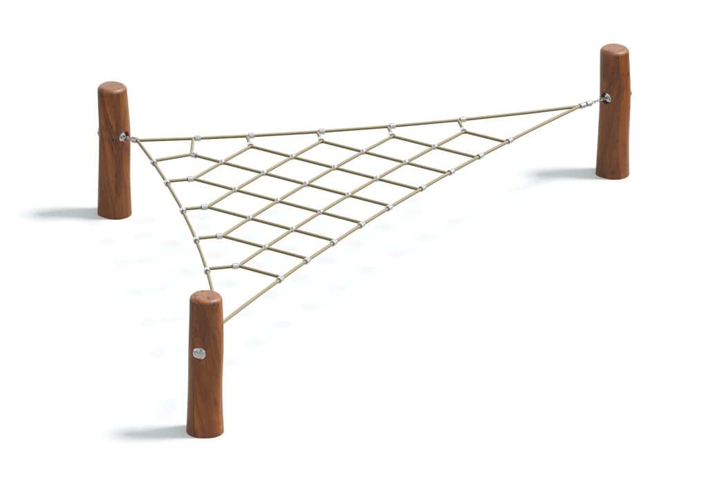 Climbing net play structure with wooden posts for outdoor playgrounds and recreational areas.