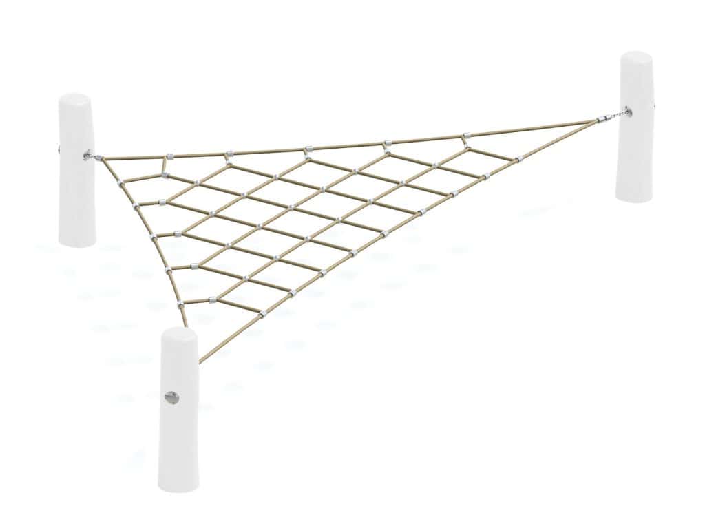 Climbing playground net with sturdy white posts and durable rope for children's outdoor play and physical activity. Ideal for playgrounds, parks, and recreational spaces.