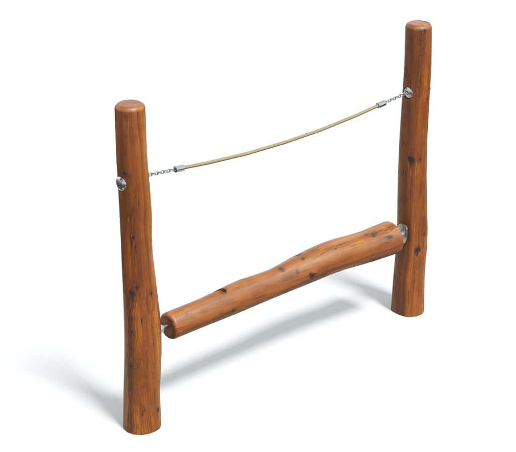 Wooden playground obstacle course, durable outdoor fitness equipment for children, built from natural logs with a safety rope, ideal for park or backyard play areas.