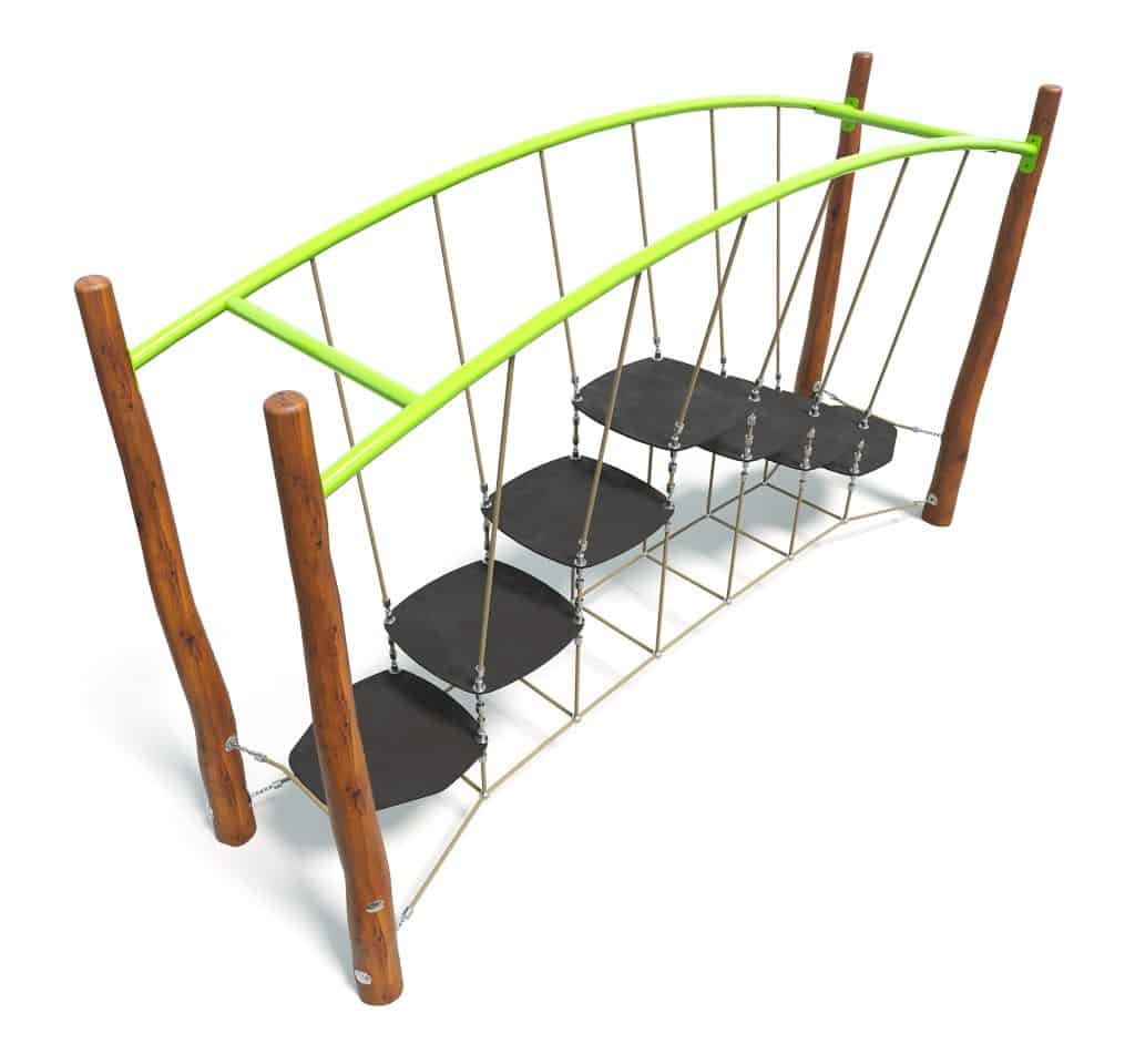 Vibrant kids playground climbing bridge with wooden posts, green handrails, and black stepping platforms, ideal for outdoor play areas and children's recreational activities.