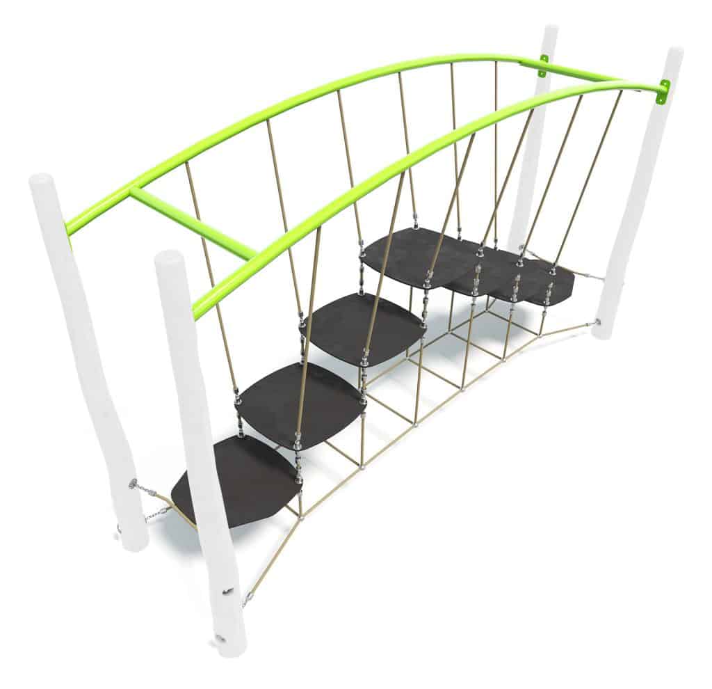 Colorful outdoor playground climbing structure with ropes and black stepping platforms, ideal for kids' recreation and physical activity. Perfect for parks, playgrounds, and schoolyards.