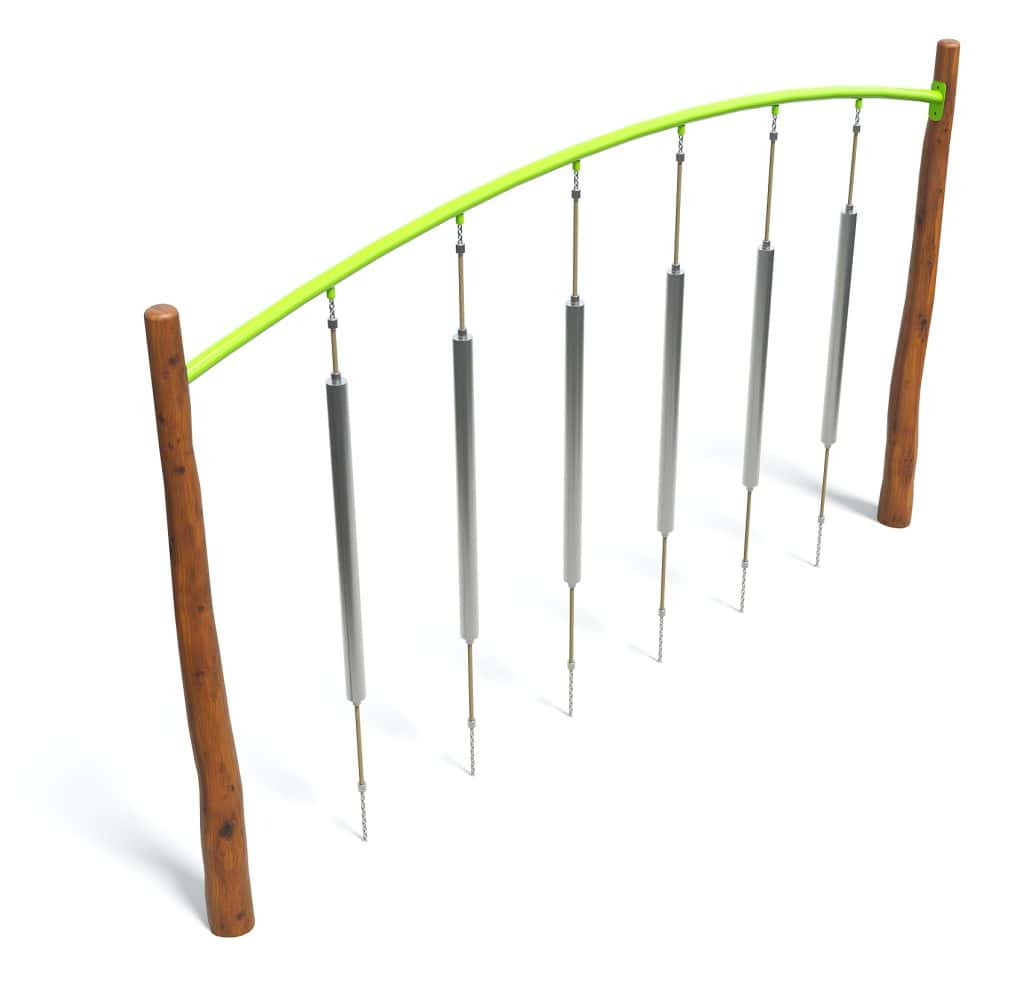 Aluminum hanging bridge play structure with wooden support pillars, ideal for outdoor playgrounds and children’s recreational areas. Durable, safe design invites active play and coordination development.
