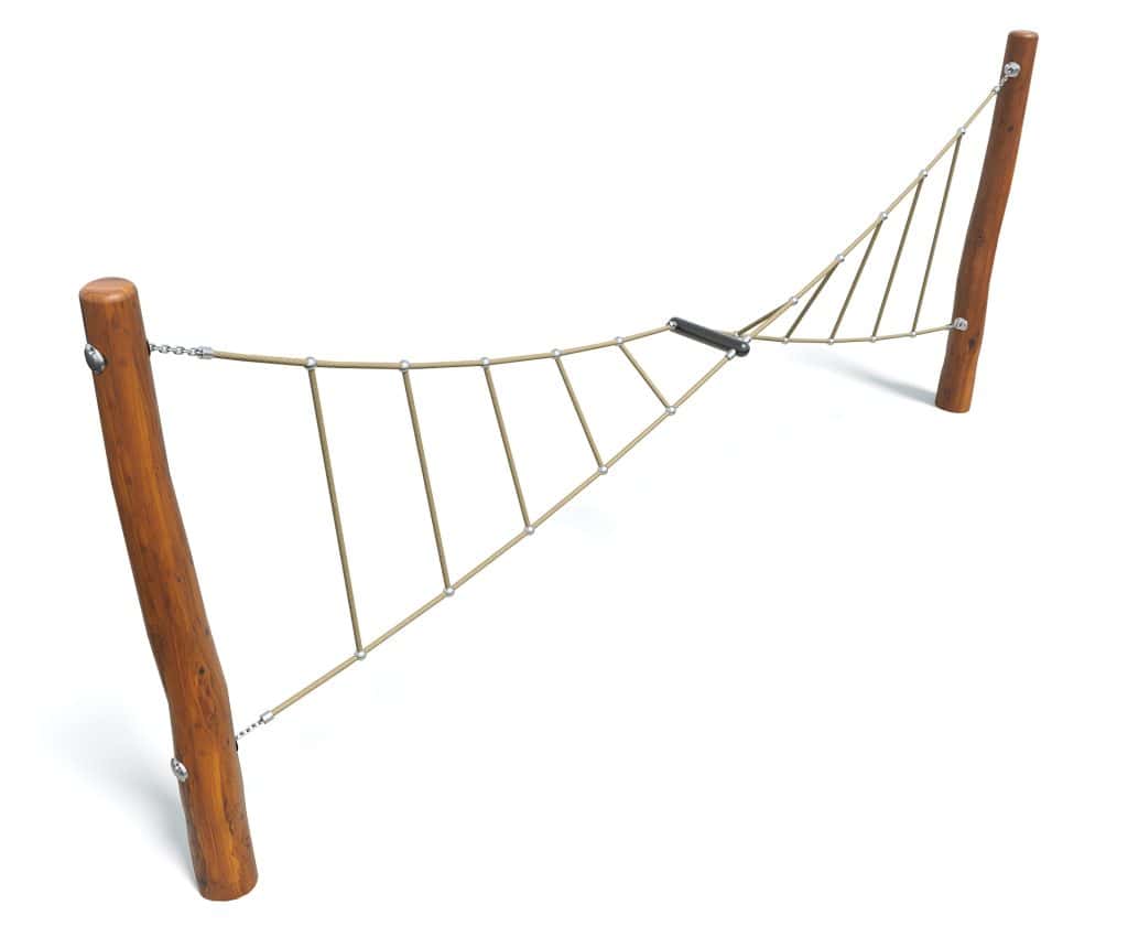 Rope bridge playground equipment made of wooden logs and nylon ropes for outdoor kids' play areas. Durable and safe for climbing and balance activities.