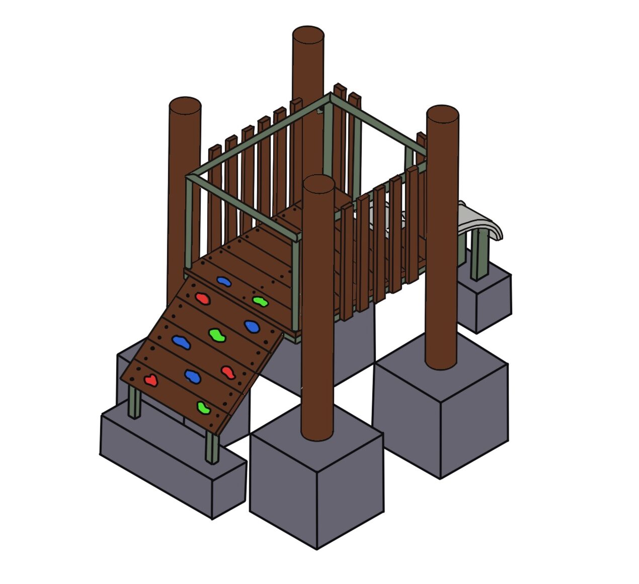 Climbing playground with wooden ramp, rock climbing holds, and safety railings, suitable for children’s outdoor play areas. Durable design by DG Play for safe recreation.