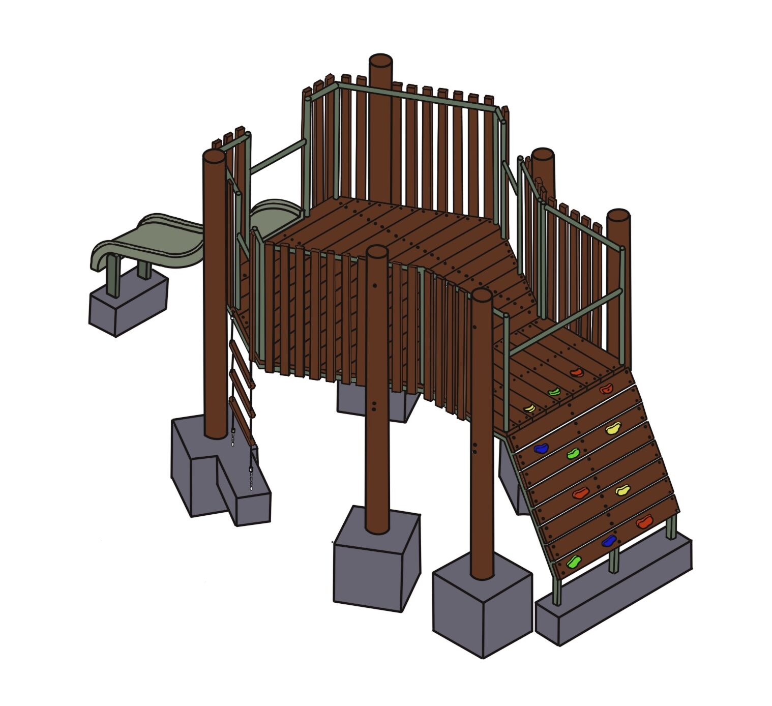 Climbing play structure with slide and ropes for outdoor kids playground equipment.