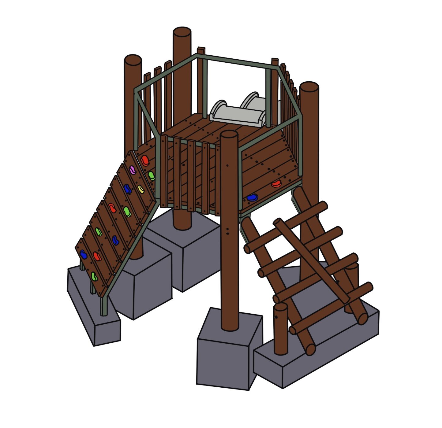 Vibrant wooden outdoor playground structure with climbing wall, slide, and platforms, ideal for children's recreation and play area enhancements, featuring safe materials and engaging design.